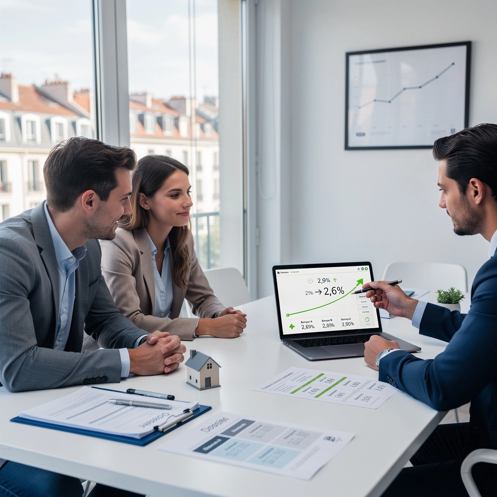 Un courtier en prêt discute avec un couple sur les taux des prêts immobiliers