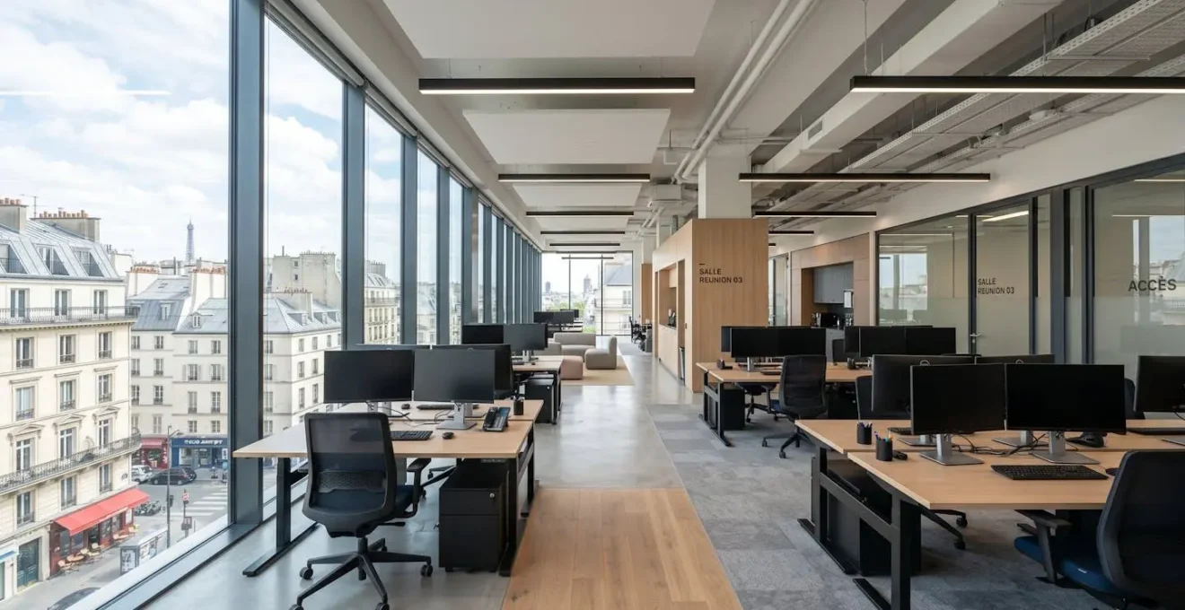 Bureau moderne d'agence immobilière avec grandes baies vitrées, mobilier design contemporain, espace lumineux vide avec lumière naturelle abondante