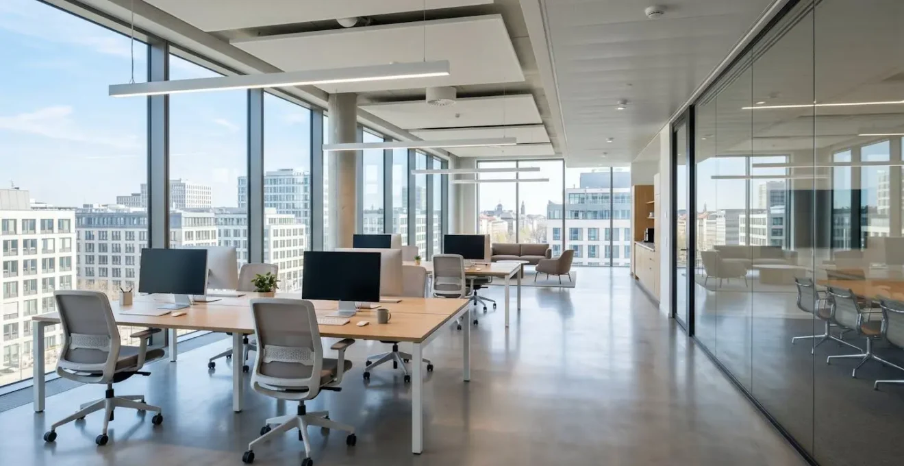 Bureau moderne d'agence immobilière avec grandes baies vitrées, mobilier design contemporain, espace lumineux vide avec lumière naturelle abondante