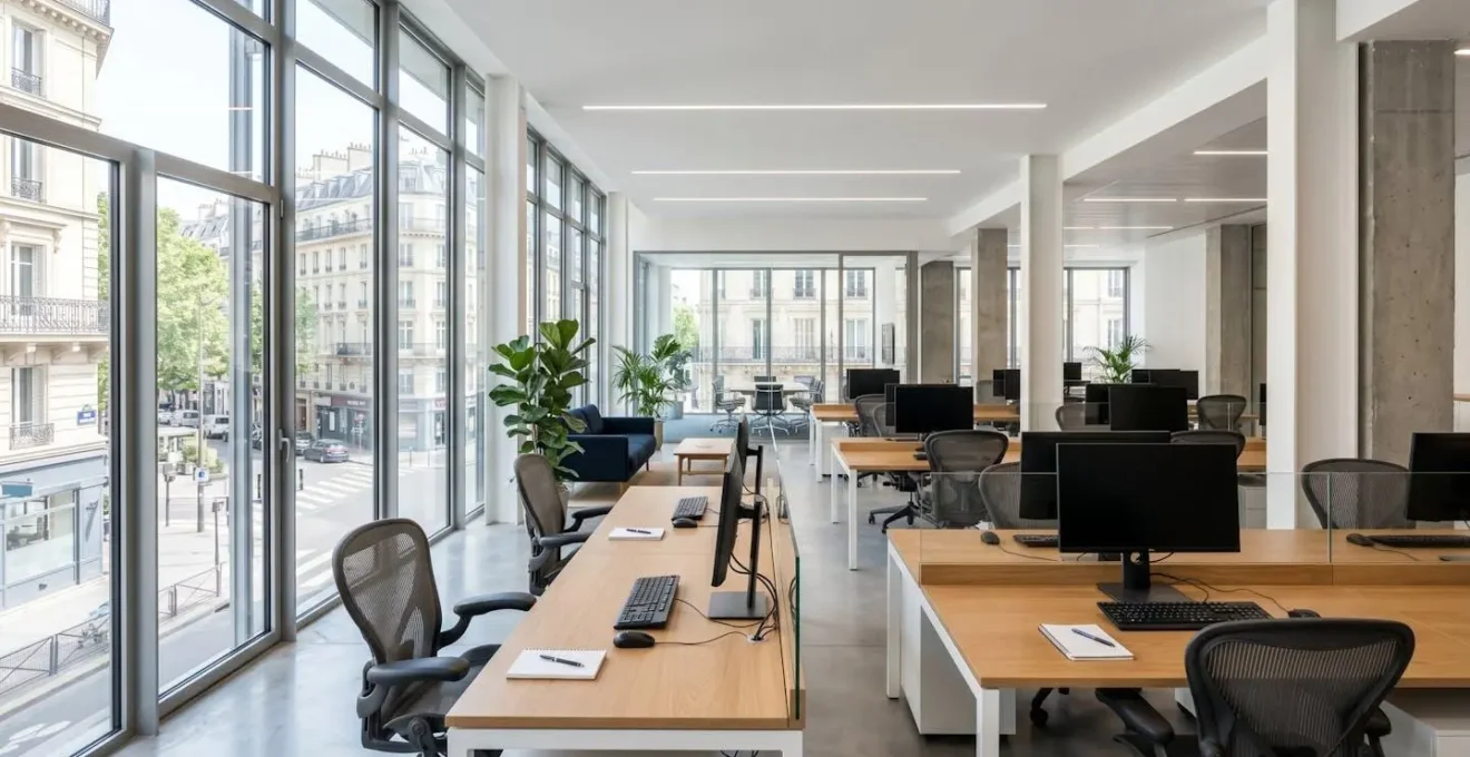 Bureau moderne d'agence immobilière avec grandes baies vitrées, mobilier design contemporain, espace lumineux vide avec lumière naturelle abondante