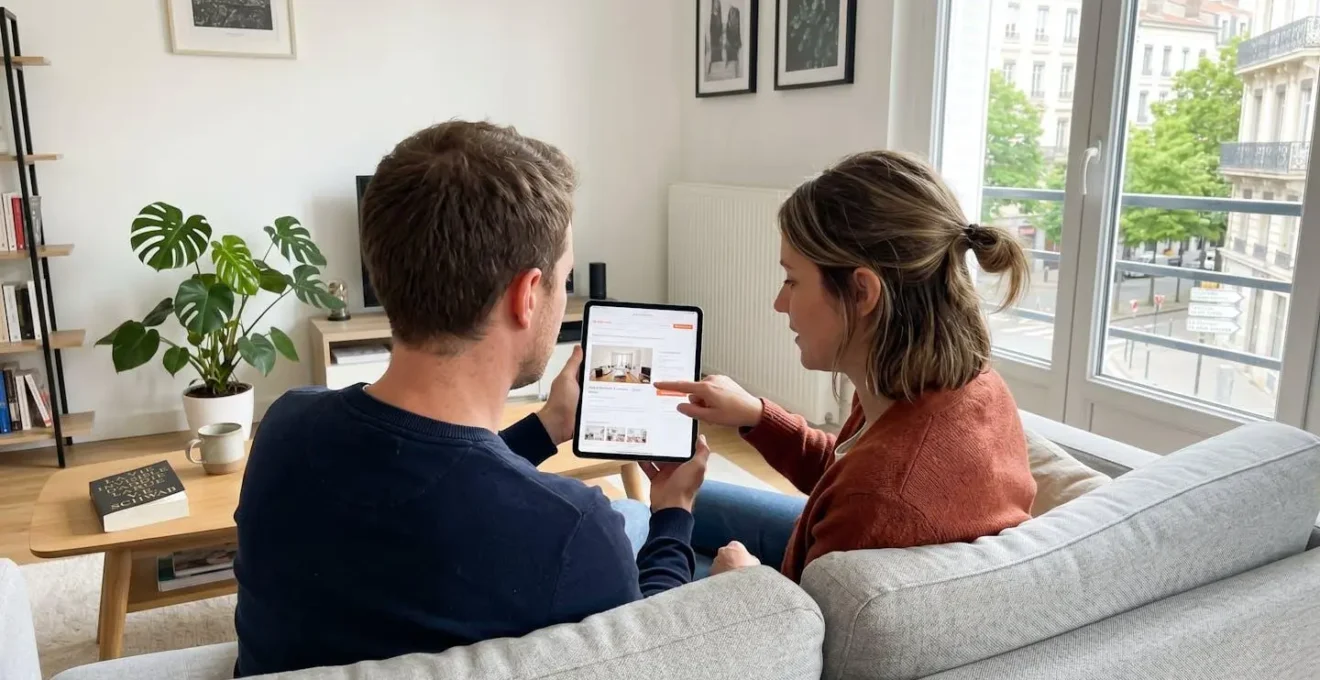 Un couple de trentenaires assis côte à côte sur un canapé contemporain consulte ensemble une tablette en discutant