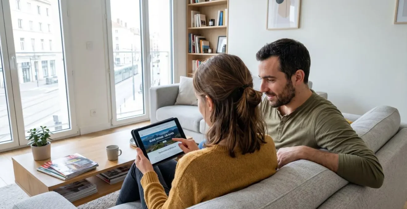 Un couple de trentenaires assis côte à côte sur un canapé contemporain consulte ensemble une tablette en discutant