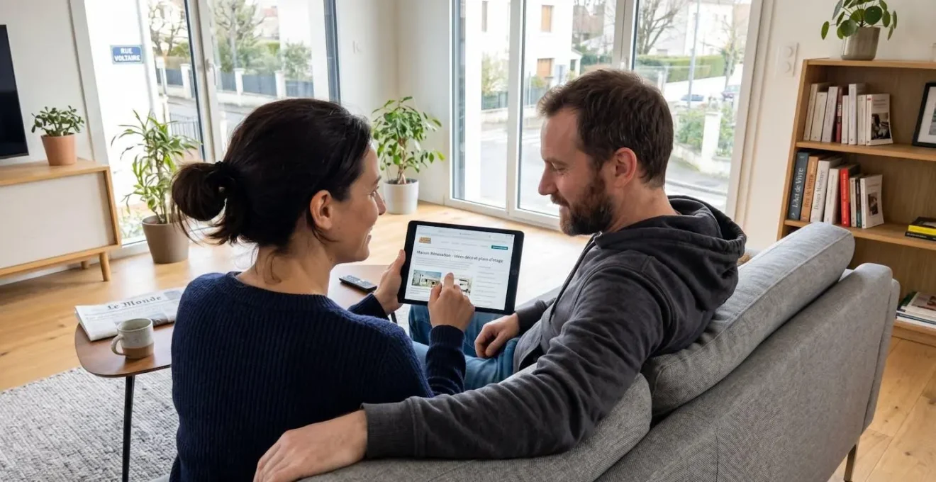 Un couple de trentenaires assis côte à côte sur un canapé contemporain consulte ensemble une tablette en discutant