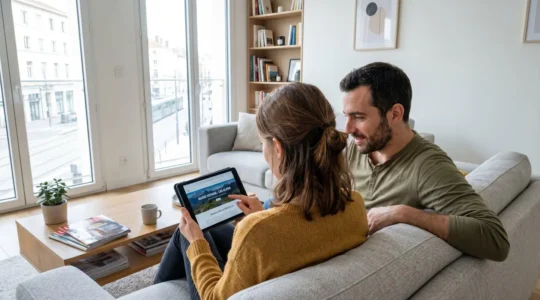 Un couple de trentenaires assis côte à côte sur un canapé contemporain consulte ensemble une tablette en discutant