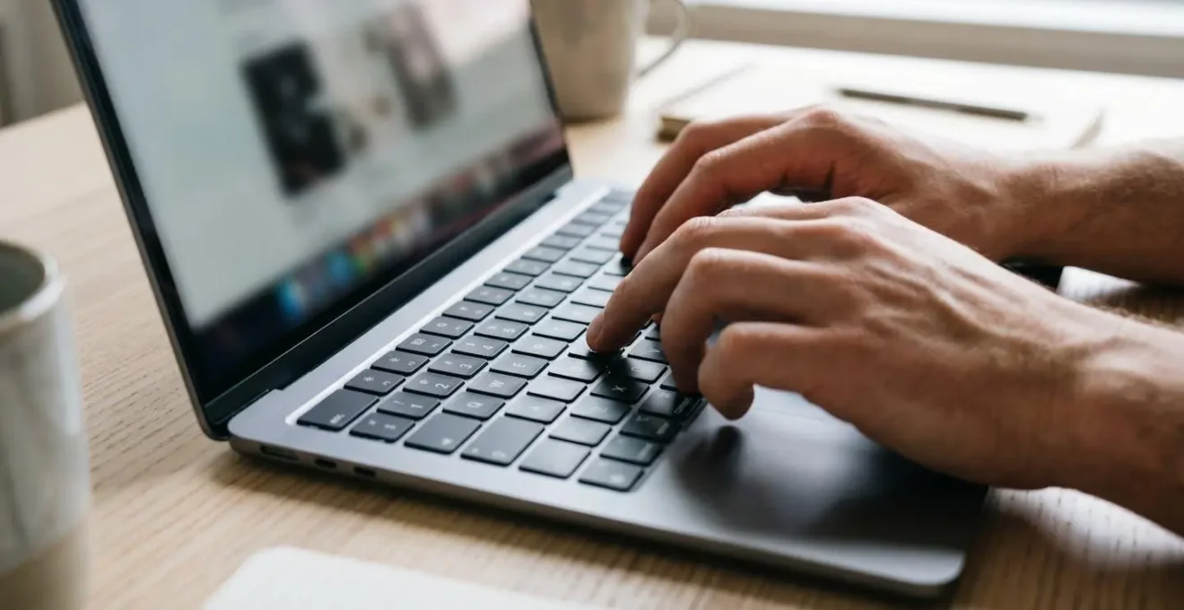 Gros plan sur des mains tapant sur un clavier d'ordinateur portable moderne, écran complètement flouté en arrière-plan
