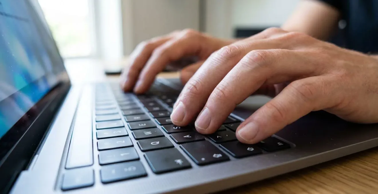 Gros plan sur des mains tapant sur un clavier d'ordinateur portable moderne, écran complètement flouté en arrière-plan