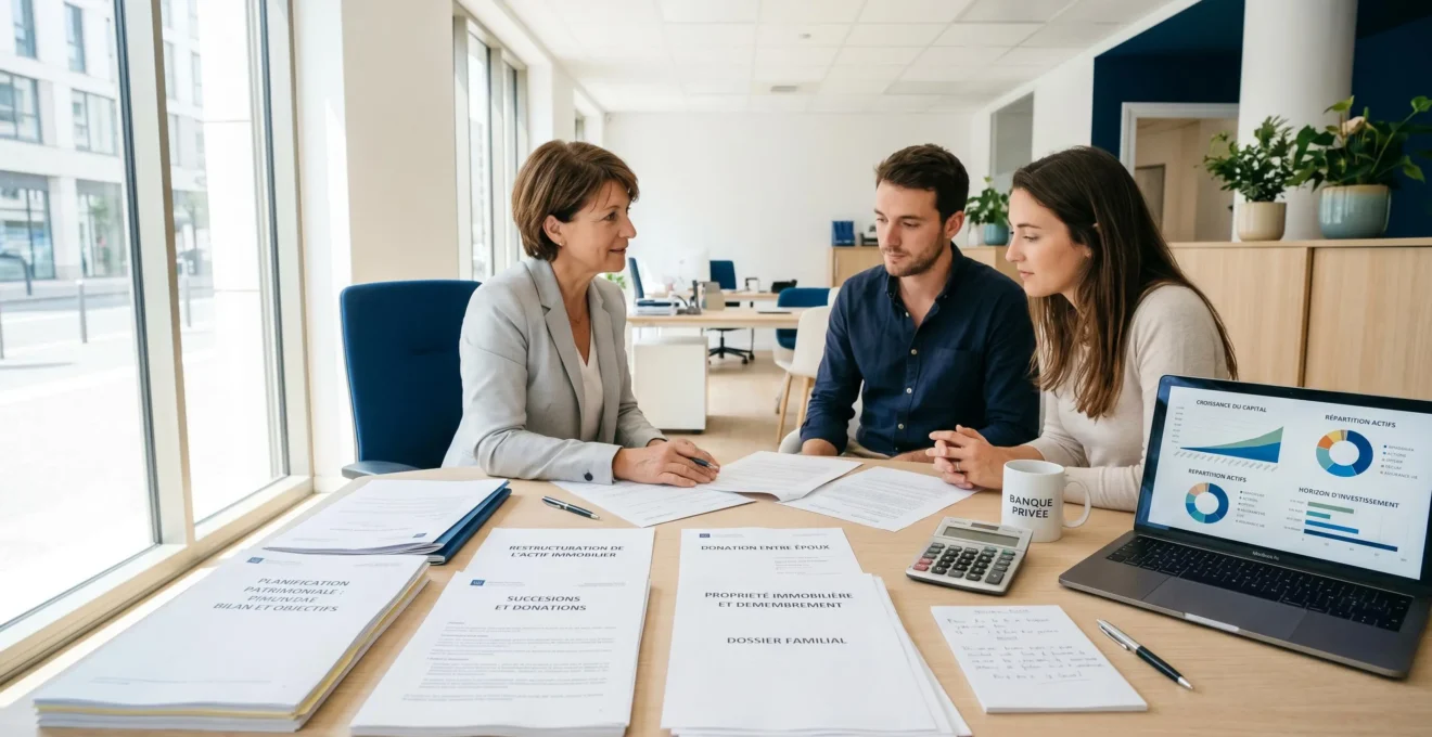 Bureau de conseiller financier avec documents de planification patrimoniale, calculatrice et graphiques d'allocation d'actifs affichés sur écran d'ordinateur