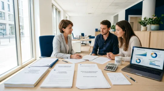Bureau de conseiller financier avec documents de planification patrimoniale, calculatrice et graphiques d'allocation d'actifs affichés sur écran d'ordinateur