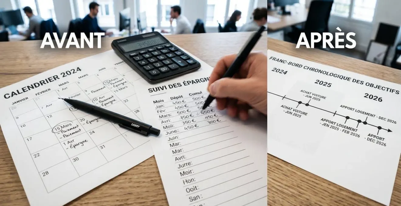 Documents de planification financière et calendrier organisés chronologiquement sur un bureau avec stylo et calculatrice