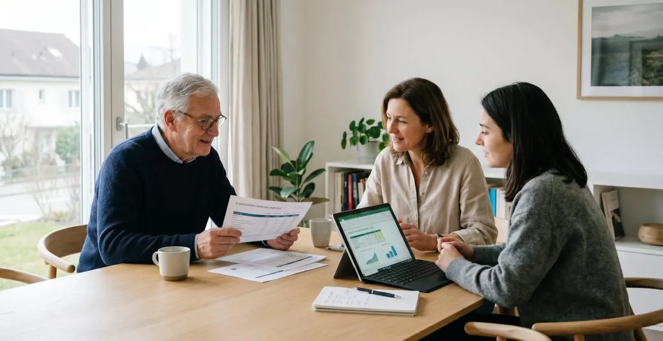 Trois générations d'une famille consultent ensemble des documents de planification financière autour d'une table