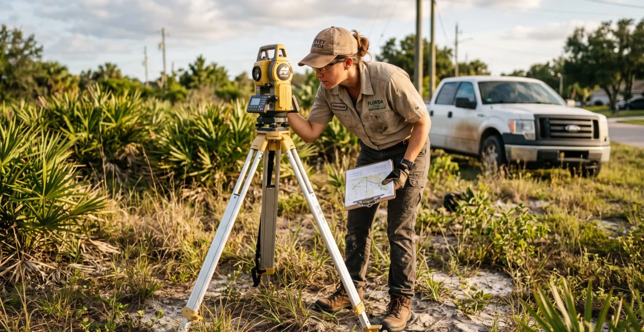 Un géomètre relève des mesures au sol avec un instrument sur trépied dans un terrain.