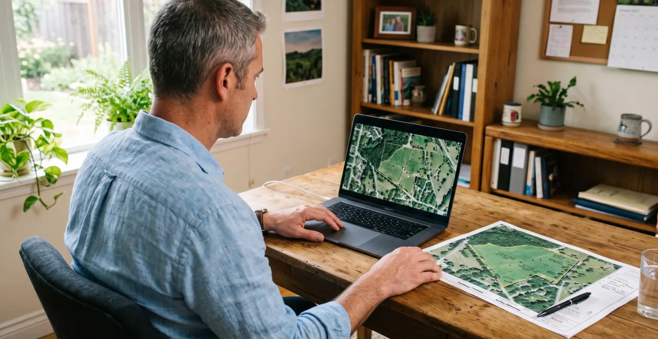 Un homme compare une photo aérienne sur ordinateur portable avec une carte imprimée.