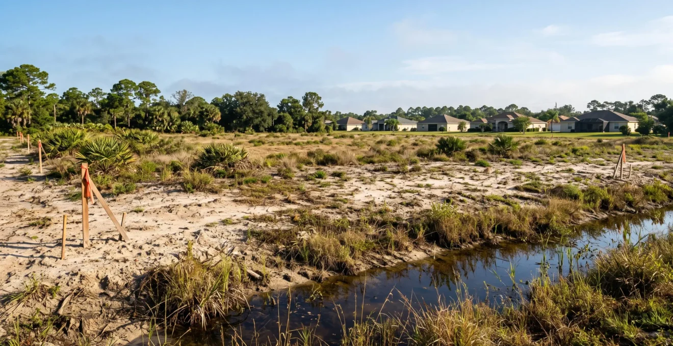 Terrain vide en Floride avec piquets d'arpentage, sol sablonneux et zone d'eau stagnante.