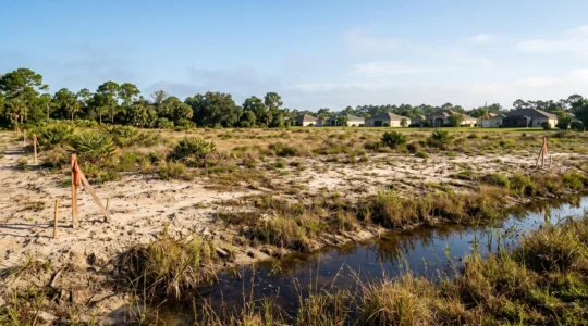Terrain vide en Floride avec piquets d'arpentage, sol sablonneux et zone d'eau stagnante.